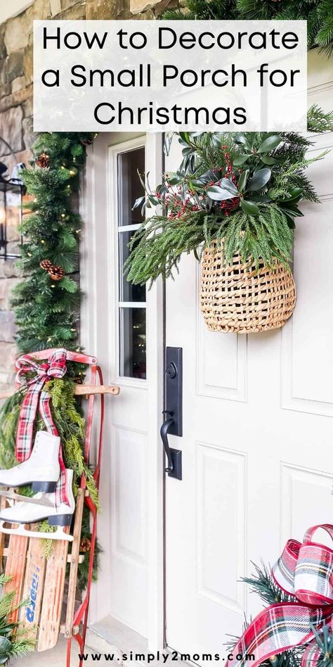 Outdoor Christmas Decor Small Porch, Christmas Outdoor Front Porch Decor, Open Porch Christmas Decor, Outdoor Christmas Lights Small Porch, Small Front Porch Christmas Lights, Christmas Ideas For Small Porch, Small Christmas Porch Ideas, Decorated Front Porches For Christmas, How To Decorate A Small Porch For Christmas