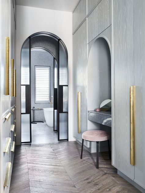 Brighton Project Bec Judd - Kustom Timber® Walk In Robes, Rebecca Judd, Spanish Colonial Homes, Brighton Houses, Walk In Robe, Arched Doors, Dressing Rooms, Window Styles, Walk In Wardrobe