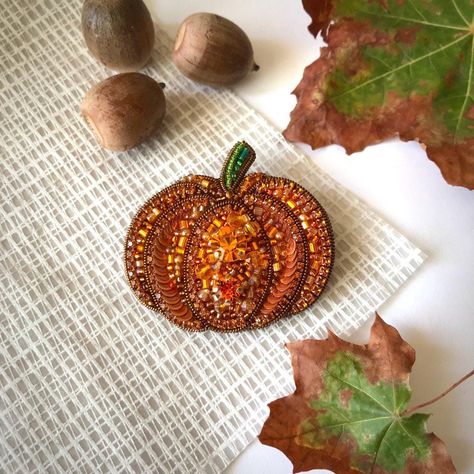 Beautiful and sparkling Pumpkin Brooch, embroidered with beads, crystals and sequins. Lightweight, fits well on clothes. Sent in a gift box. Pumpkin Brooch, Sequin Pumpkin, Brooch Handmade, Bead Embroidery Jewelry, Embroidery Jewelry, Beaded Brooch, Brooches Handmade, Beaded Embroidery, Brooch Pin