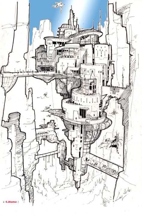 Portfolio Reference, Fantasy Buildings, Electronic Workbench, Perspective Drawing Architecture, Minecraft Inspo, City Drawing, Perspective Drawing, Future City, Cyberpunk Art