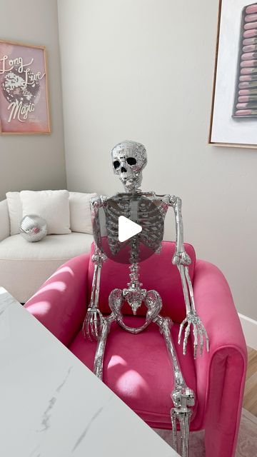 Aurelie Erikson on Instagram: "Introducing Ms. Disco Skully 🪩🎀💀 After admiring the incredible 12ft skeleton that so many of you DMed me about, I knew I had to create my own mini version! 💀 I can’t wait for another Spooky Season with all of you. 🖤  save & share with a disco lovin friend 🫶🏼🪩  . . . . . . .  #halloween #halloweendecor #discoballdecor #discoball #spookyseason #spookyszn #halloweenlife #summerween #halloweeneveryday #pinkhalloween #12ftskeleton" Disco Ball Skeleton, Disco Halloween Decor, Disco Skeleton, 12ft Skeleton, Aurelie Erikson, Disco Tiles, Apartment Holiday Decor, Halloween Disco, Disco Halloween