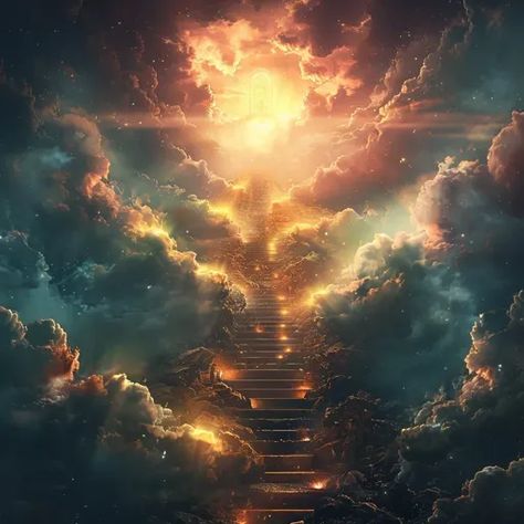 ↑↑↑ Larger size on website 🔸 A golden staircase ascends into a heavenly realm, surrounded by ethereal clouds and a bright, radian 🔸 From Midjourney AI Image Heavenly Sky, Entering Heaven Art, Heaven Realm, Stairway To Heaven Aesthetic, Stairs To Heaven Painting, Stairways To Heaven, Heaven Tattoos, Digital Artwork, Wonder