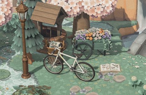 daisy🍃 on Instagram: “imagine if we could actually get bikes with baskets in the game, this looks convincing enough though right?? 🙃” Cottagecore Painting, Motif Acnl, Acnh Cottagecore, Bike With Basket, Animals Crossing, Animal Crossing Guide, Happy Home Designer, Animal Crossing Wild World, Qr Codes Animal Crossing