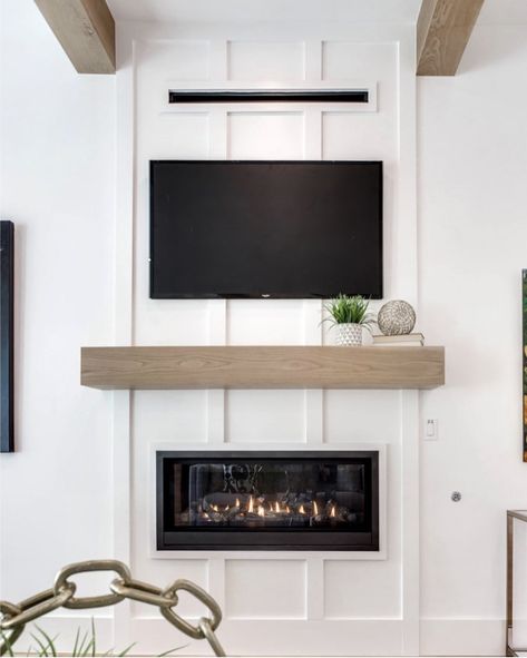 Board And Batten Linear Fireplace, Simple Basement Tv Wall, Electric Fireplace With Board And Batten, Board And Batten Behind Fireplace, Board And Batten Outdoor Fireplace, Beadboard On Fireplace Wall, Batten Board Walls Living Room Tv, Fireplace Mantle Inspiration, Fireplace With Board And Batten Wall