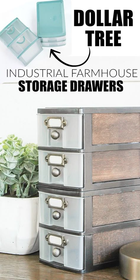 WOW, this transformation is unbelievable!  Inexpensive Dollar Tree storage drawers get an impressive industrial farmhouse makeover! www.littlehouseoffour.com Industrial Diy Decoration, Dollar Tree Storage, Villa Ideas, Diy Home Decor For Apartments, Farmhouse Storage, Industrial Diy, Dollar Store Hacks, Craft Room Storage, Grade 6