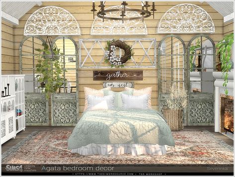 Sims 4 — Agata bedroom decor by @irinaseverinka— A set of decor for decoration bedroom in the Farmhouse style. The set The Sims 4 Farmhouse Cc, Sims 4 Farmhouse Bedroom, Sims 4 Cc Farmhouse Decor, Sims4 Farmhouse, Sims 4 Farmhouse Cc, Ranch Style Bedroom, Sims 4 Farmhouse, Sims 4 Decor Cc, Sims 4 Decor