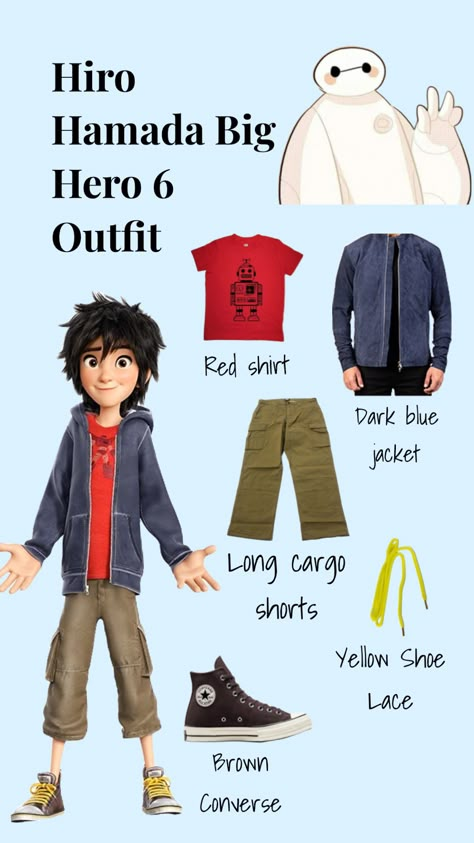 Hiro Hamada from Big Hero 6 Outfit perfect for Disneybounding or a Halloween Costume #disneybounding #disneybound #hallowencostume #disney Game Characters Costume, Big Hero 6 Hero Costume, Hiro Hamada Costume, Character Day School Spirit Week, Big Hero 6 Family Costume, Big Hero 6 Halloween Costumes, Animated Costumes Ideas, Big Hero 6 Inspired Outfits, Big Hero 6 Disneybound