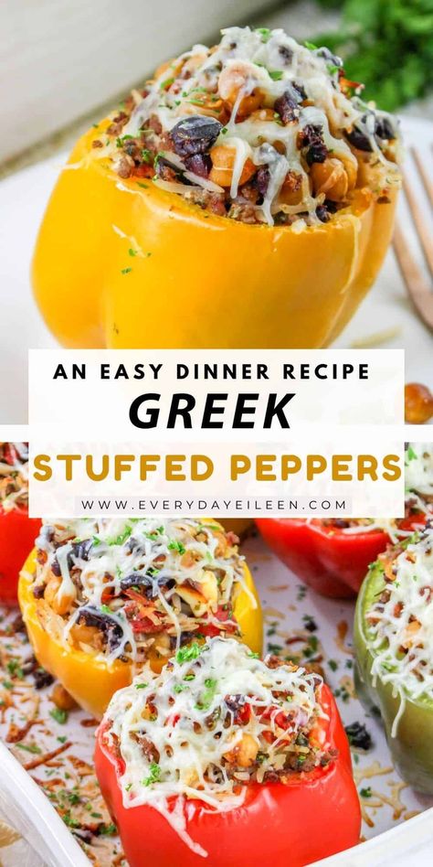 Greek Stuffed Peppers with delicious Mediterranean flavors is a delicious recipe that is filled with enticing flavors. A combination of ground beef or lamb, chickpeas, and additional Greek flavors. The stuffed peppers are delicious and an irresistible weeknight dinner. Mediterranean Diet Stuffed Peppers, Ground Lamb Stuffed Peppers, Lamb Stuffed Peppers, Greek Stuffed Tomatoes, Mediterranean Stuffed Peppers, Tomatoes And Feta Cheese, Greek Stuffed Peppers, Oven Roasted Green Beans, Stuffed Peppers Beef