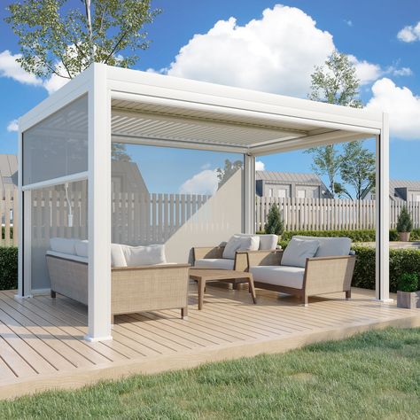 Outdoor Louvered Pergola with Adjustable Aluminum Rainproof Roof - Bed Bath & Beyond - 35781802 Half Pergola Half Covered, Pergola Patio With Roof, White Aluminum Pergola, Open Pergola, Mediterranean House Interior, Curtains Patio, White Pergola, Pergola Gazebo, Roof Waterproofing