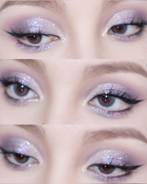 Purple Eyeshadow Makeup Looks, Cute Purple Makeup Looks, Purple Makeup Prom, Prom Makeup Lavender, Soft Purple Makeup Looks, Rapunzel Inspired Makeup, Lilac Prom Makeup, Light Purple Eyeshadow Looks, Lavender Prom Makeup