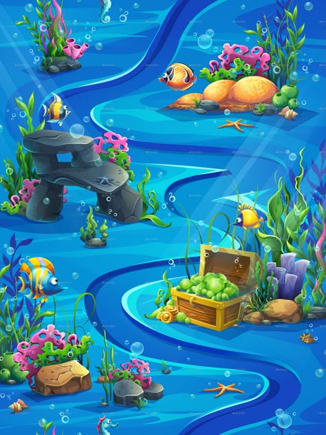 Underwater World Illustration, Games Graphic Design, Illustration Underwater, Ocean Games, Illustration Map, Web Games, Underwater Cartoon, Isometric Map, Map Games