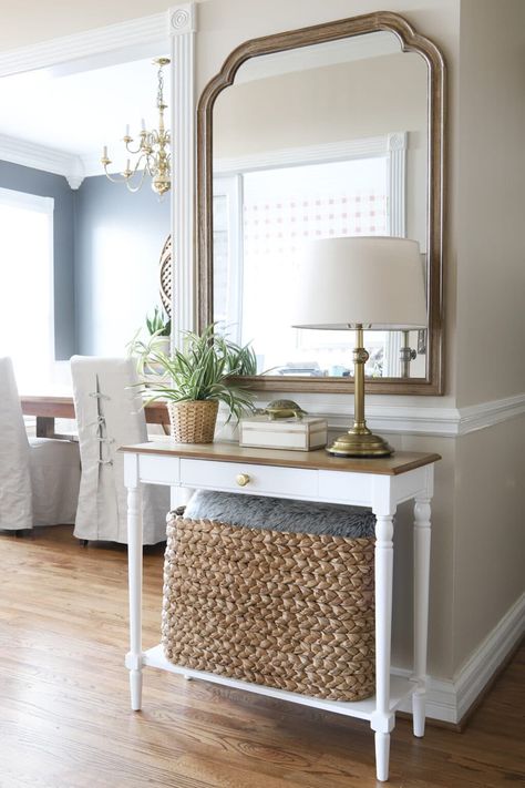 Small Entryway Table in the Foyer Small Entryway Storage, White Entry Table, Entryway Storage Ideas, Small Entry Tables, Small Entryway Table, Small Console Table, Small Foyer, Dining Room Paint, Console Table Decorating