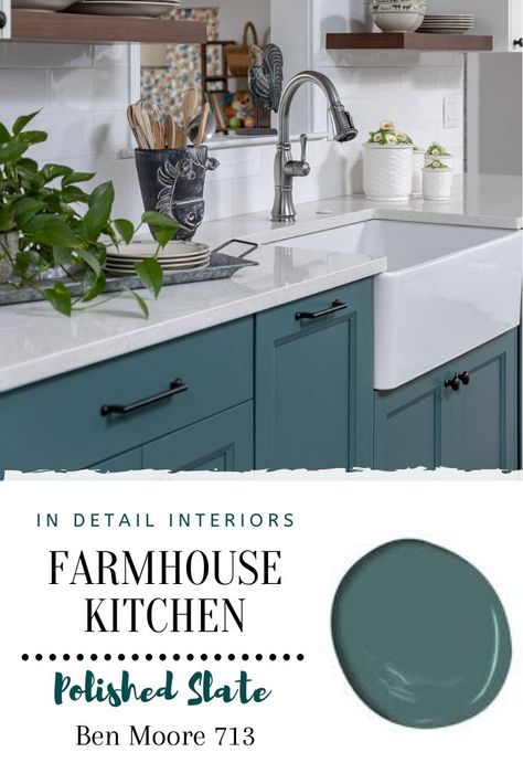 Benjamin Moore Polished Slate added a pop of color to this farmhouse kitchen! #farmhouse #kitchen #farmhousekitchen #slate #farmhousecottage #cottage #paint #paintcolor #home #kitchen #paintinspo #inspiration #kitchenpaintcolors #color #colorfulhome #ideas #paintideas #kitchenpaintideas Greenish Blue Cabinets Kitchen, Benjamin Moore Polished Slate, Teal Playroom Ideas, Polished Slate Benjamin Moore, Country Kitchen Ideas Farmhouse Style Paint Colours, Bluish Green Kitchen Cabinets, Fun Kitchen Colors For Walls, Cabnit Paint Colors Kitchen, Slate Blue Cabinets Kitchen