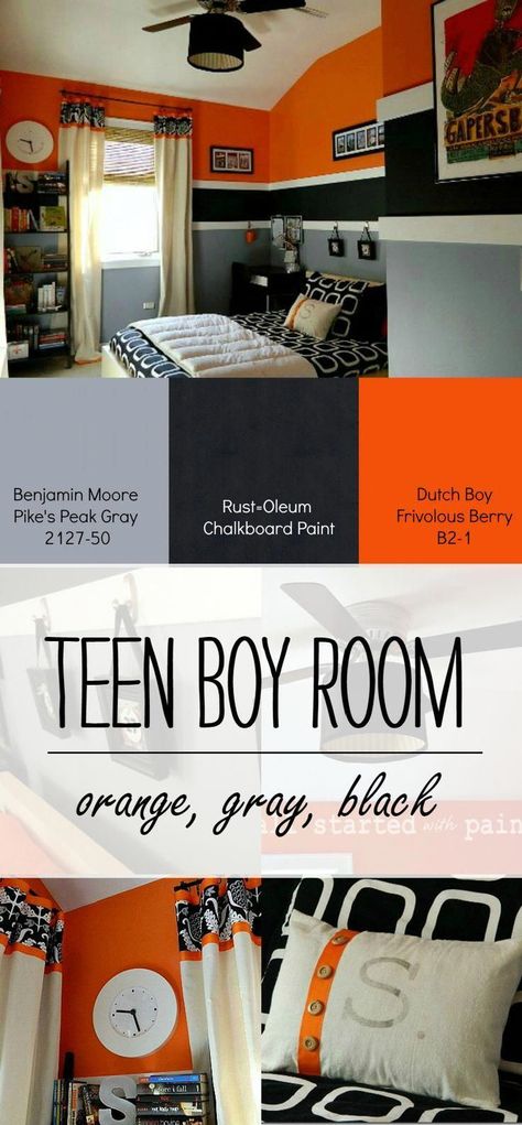 Teen Boy Bedroom Idea in Orange, gray, black #bunkbedsforkidsboys Yellow Boys Room, Ideas Decorar Habitacion, Boys Bedroom Paint, Kid Bedrooms, Teenager Bedroom Boy, Teenage Boy Room, Orange Rooms, Teen Boy Room, Bedroom Orange