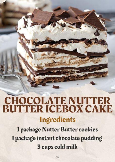 Tina's tasty recipes | CHOCOLATE NUTTER BUTTER ICEBOX CAKE | Facebook Chocolate Ice Box Cake, Chocolate Peanut Butter Lasagna, Peanut Butter Lasagna, Ice Box Cake, Nutter Butter Cookies, Nutter Butter, Recipes Chocolate, Icebox Cake, Instant Pudding