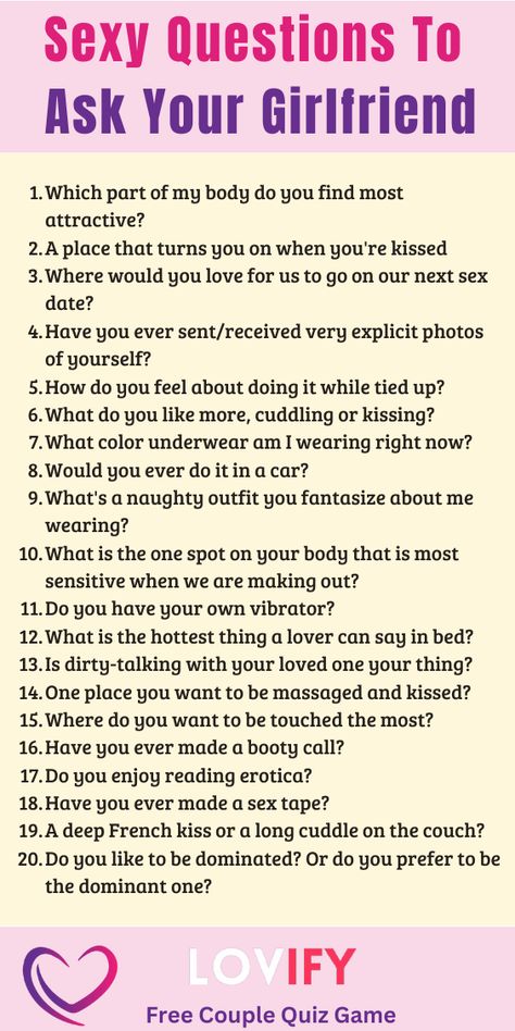 Ignite your love life with Sexy Questions to Ask Your Girlfriend! These questions are designed to deepen your intimacy and add a playful spark to your relationship. Whether you're looking to learn more about her desires or simply want to have fun together, these questions are perfect for any romantic occasion. 💋💕 #CoupleGoals #SexyQuestions #IntimateConversations #DateNightIdeas #RelationshipGoals #LoveLife #RomanticMoments #SpiceItUp Romantic Talks With Girlfriend, Romantic Questions For Girlfriend, Questions To Ask Your Girlfriend Flirty, Romantic Chats With Girlfriend, Dirty Questions To Ask Your Girlfriend, Question To Ask Your Girlfriend, Bedroom Position Ideas, Questions To Ask Your Girlfriend, Talk Topics