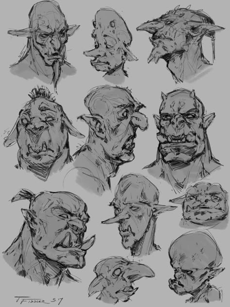 Monster Concept Art Sketch, Orc Facial Expressions, Ork Concept Art, Orc Anatomy Reference, Ork Drawings, Goblin Drawing Sketches, How To Draw Goblins, Cute Monster Sketch, Orcs Character Design