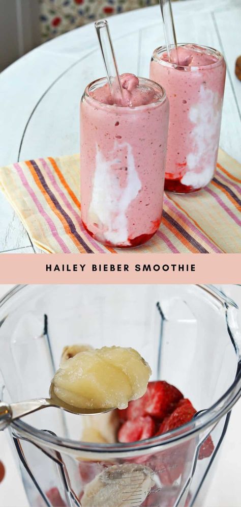 Hailey Bieber Smoothie - A Beautiful Mess Hailey Bieber Smoothie Recipe, Hailey Bieber Smoothie, Protein Shake Smoothie, Strawberry Glaze, Sunday Recipes, A Beautiful Mess, Healthy Girl, Nice Cream, Beautiful Mess