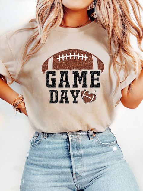 Women's Casual Game Day Football Printed T-Shirt, Summer Apricot Casual  Short Sleeve Knitted Fabric Letter,Textured Pattern  Medium Stretch  Women Clothing, size features are:Bust: ,Length: ,Sleeve Length: Football Game Day Shirts, Football Cricut Shirts, Game Day Shirts Football, Football T Shirt Designs, Vintage Engagement Party, Womens Football Shirts, Football Shirt Designs, Bride Lingerie, Football Game Outfit