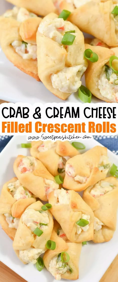 Crab and Cream Cheese Filled Crescent Rolls Cream Cheese Filled Crescent Rolls, Cheese Filled Crescent Rolls, Crab And Cream Cheese, Cream Cheese Snacks, Filled Crescent Rolls, Crescent Roll Recipes Dinner, Crescent Roll Appetizers, Crescent Recipes, Cheese Snacks