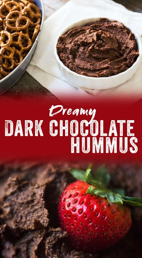 As dip for fruit and pretzels, this dark chocolate hummus is a surprising hit at parties and showers. It's perfect for entertaining! Dark Chocolate Hummus, Dip For Fruit, Chocolate Hummus, Dessert Hummus, Hummus Recipes, Holiday Sweets, Healthy Snacking, Dips And Spreads, Hummus Recipe