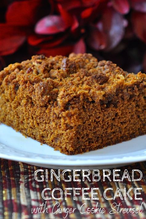 A slice of Gingerbread Streusel Coffee Cake rests on a plate in front of a red holiday wreath. Gingerbread Coffee Cake, Gingerbread Breakfast, Gingerbread Coffee, Streusel Coffee Cake, Mulled Cider, Spiced Apple Cider, Sunday Recipes, Gingerbread Cake, Holiday Breakfast