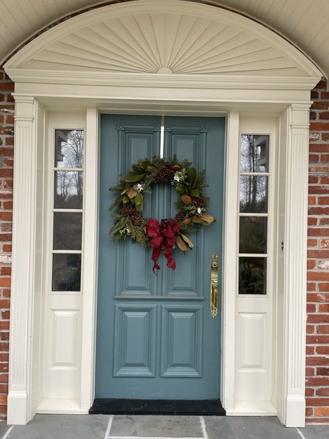 Colonial Blue Paint, Paint Front Door, Colonial Front Door, Painted Interior Doors, Colonial Blue, Blue Front Door, Historic Colours, Historic Restoration, Old Village