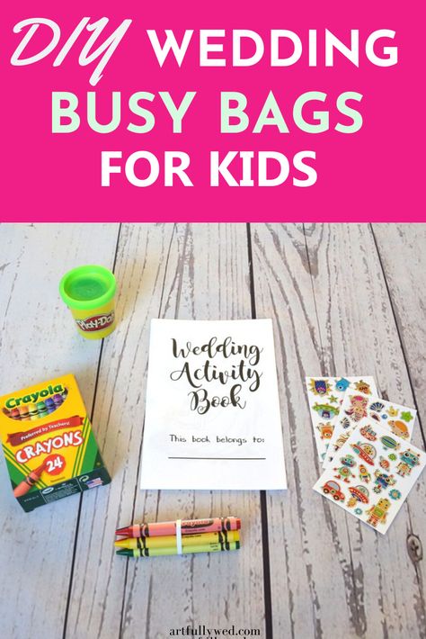 Are you catering for young kids at your wedding and want to keep them occupied? Learn how to make these easy DIY wedding busy bags with activity books and coloring goodies for your little wedding guests!  #WeddingDIYIdeas #BusyBagsForKids #BudgetWeddingTips #SaveMoneyOnWeddings Wedding Busy Bags, Diy Busy Bags, Kids Table Wedding, Wedding Activity, Kids Wedding Activities, Activity Bags, Goodie Bags For Kids, Urban Wedding Venue, Bags For Kids