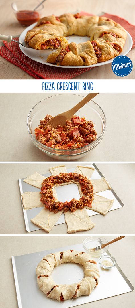 You'll hear a hoot here and a holler there from your kids after eating this fun recipe! Pizza night now has an easy twist with a crescent ring. Mix pepperoni, sausage, cheese and pizza sauce and fill your crescents. It's guaranteed to be a tried-and-true one for your weeknight dinner. Crescent Ring Recipes, Ring Recipes, Crescent Rings, Pizza Ring, Crescent Roll Pizza, Superbowl Food, Weekly Dinner Menu, Crescent Recipes, Appetizer Party