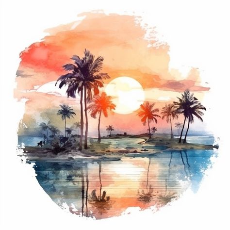 Tropical Island Beach, Art Plage, Tree Watercolor Painting, Beach Clipart, Palm Tree Sunset, Summer Clipart, Watercolor Sunset, Wonderful Picture, Watercolor Trees