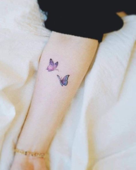 Trending Tattoo Art for next season. Blue Purple Butterfly Tattoo, Pink And Blue Butterfly Tattoo, Theatre Tattoo, Purple Butterfly Tattoo, Butterfly Tattoos On Arm, Blue Butterfly Tattoo, Famous Artworks, Tattoo Design For Hand, Purple Tattoos