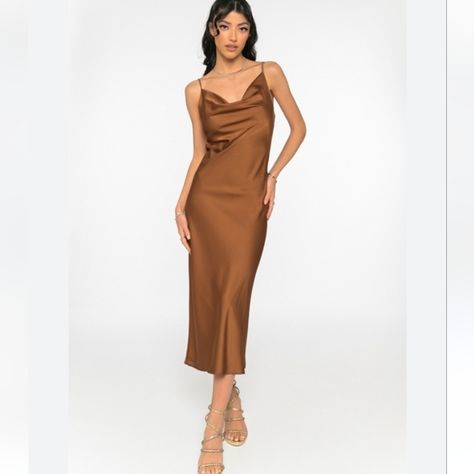 Dark Brown Satin Cowl Neck Midi Slip Dress Brown Satin, Midi Slip Dress, Satin Midi Dress, Matte Satin, Cowl Neckline, Strappy Sandals, Satin Fabric, Cowl Neck, Midi Length