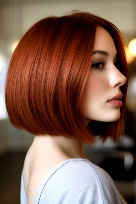 Sleek Chestnut Auburn Bob, autumn hair colour idea Chestnut Bob Hair, Auburn Bob With Bangs, Chestnut Auburn Hair, Short Auburn Hair Bob, Auburn Hair Colour, Toffee Hair Color, Short Auburn Hair, Auburn Bob, Long Bobs