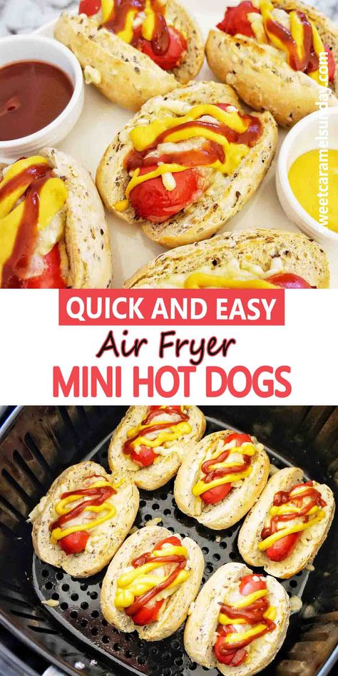 Air Fryer Mini Hot Dogs are the best ever party food! Cook both the mini hot dogs and mini hot dog buns in the air fryer for a tasty appetizer! #easyrecipe #funfoodideas @sweetcaramelsunday Mini Hot Dog Buns, Fun Party Food, Mini Hot Dogs, Dogs Are The Best, Game Day Appetizers, Best Party Food, Sunday Recipes, Chopping Block, Mini Dogs