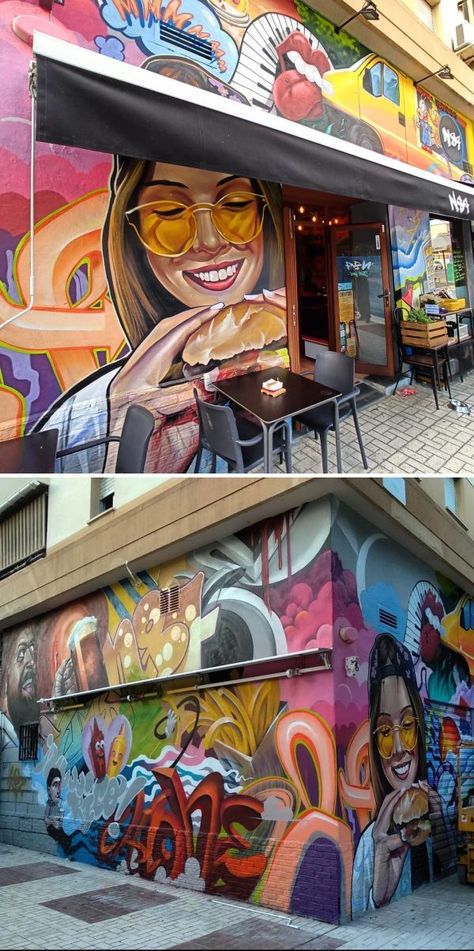 Mural by Lalone at N87 Street food Food Graffiti Art, Restaurant Graffiti Wall Art, Mural Art Restaurant, Graffiti Food, Food Graffiti, Food Mural, Restaurant Mural, Japanese Restaurant Interior, Street Food Design