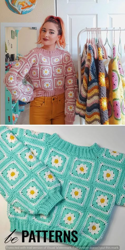 granny squares crochet for beginners Crochet Sweater Squares, Granny Square Sweater Layout, Clothes With Crochet, Granny Square Sweater Pattern Free, Crochet Sweater Granny Square, Granny Squares Sweater, Ideas En Crochet, Crochet Flower Sweater, Granny Square Crochet Sweater