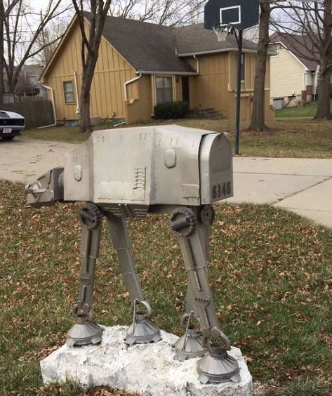 This Cool Mailbox Funny Mailboxes, Home Mailboxes, Cool Mailboxes, Unique Mailboxes, Mailbox Ideas, At At Walker, Mailbox Design, Metal Mailbox, Star Wars Inspired