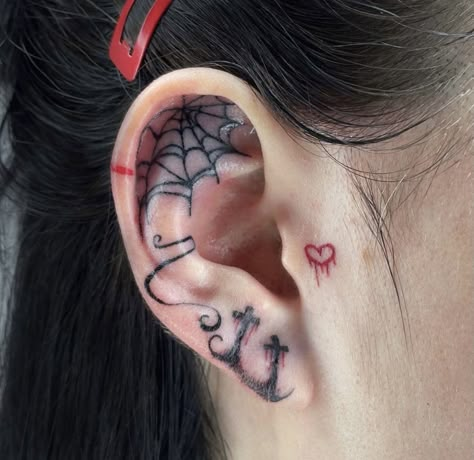 Teardrop Tattoo, Cute Thigh Tattoos, Emo Tattoos, Behind Ear Tattoos, Spooky Love, Ear Tattoos, Creepy Tattoos, Trendy Tattoo, Pretty Tattoos For Women