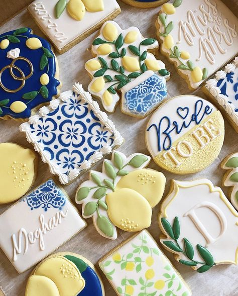 Italian Bridal Showers, Lemon Themed Party, Lemon Themed Bridal Shower, Bridal Cookies, Italian Party, Bridal Shower Inspo, Bridal Shower Cookies, Bridal Shower Brunch, Lemon Decor