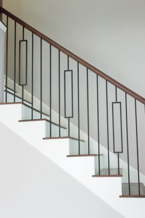 Iron Stair Balusters, House Of Forgings, Wrought Iron Stair Railing, Stair Ideas, Modern Stair Railing, Stair Spindles, Stair Balusters, Staircase Railing Design, Handrail Design