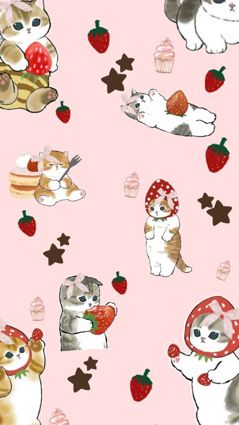 strawberry mofusand wallpaper. dont steal💕💕 Mofusand Wallpaper, Cat Pattern Wallpaper, Walpaper Hello Kitty, Iphone Wallpaper Themes, Hello Kitty Iphone Wallpaper, Phone Wallpaper Patterns, Apple Watch Wallpaper, Cute Patterns Wallpaper, Minimalist Wallpaper