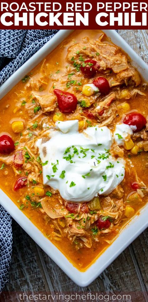 Fiery Roasted Red Pepper Chicken Chili Recipe - The Starving Chef Roasted Red Pepper Chicken, Red Pepper Chicken, Chicken Chili Recipe, Pepper Chicken, Roasted Red Pepper, Chicken Stuffed Peppers, Chicken Chili, Roasted Red Peppers, Chili Recipe