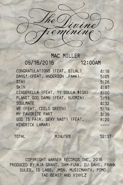 Music Reciepts, Receipts Aesthetic, Receipt Poster, Divine Feminine Aesthetic, Mac Miller Albums, Mac Angel, Feminine Wallpaper, Ceelo Green, Ty Dolla Ign