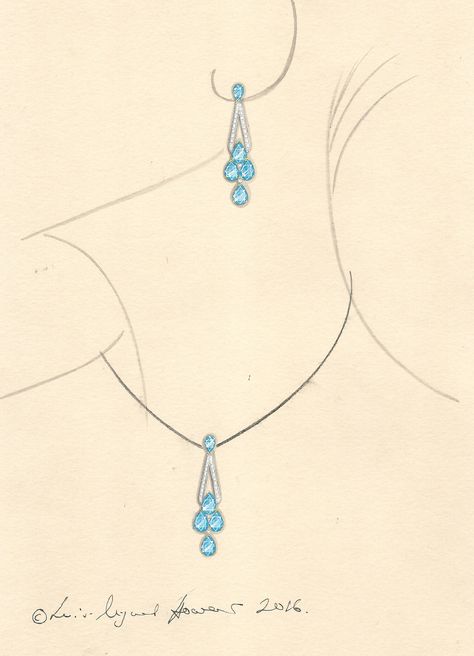 Working jewellery drawing in gouache for an aquamarine and diamond earring and pendant set in the Art Deco style. Jewellery Design Drawing, Necklace Illustration Drawing, Necklace Designs Drawing, Draw Necklace, Earring Illustration, Necklaces Drawing, Jewellery Sketches Illustration, Jewellery Sketches Jewelry Drawing, Jewellery Drawing