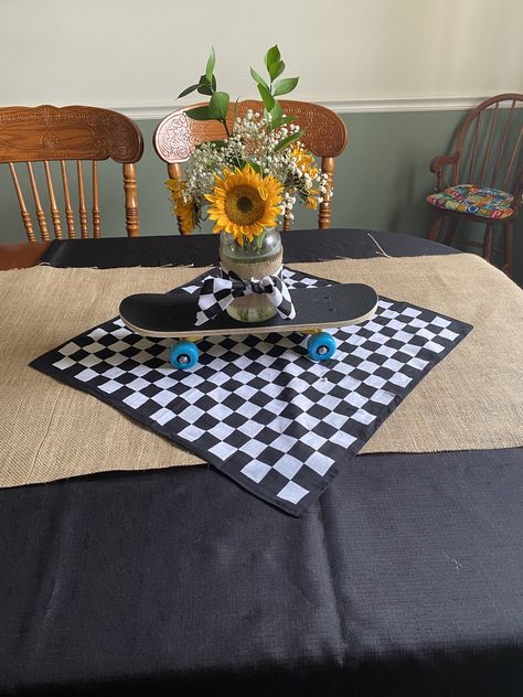 Skateboard Centerpieces, Baby On Board Vans Baby Shower Ideas, Vans Themed Baby Shower, Skater Baby Shower Ideas, Warped Tour Baby Shower Theme, Skateboard Baby Shower Ideas, Vans Baby Shower Theme, Vans Baby Shower, Checkered Baby Shower Ideas