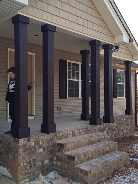 DIY Columns and Shutters Black Porch Pillars, Black Porch Posts Columns, Black Porch Columns, Wood Columns Porch, Diy Columns, Wood Sidewalk, Tan House Exterior, Porch Post Wraps, Columns Ideas