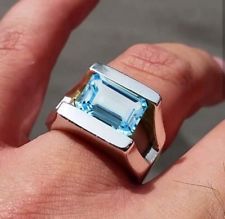 SOLID 925 STERLING SILVER NATURAL BLUE TOPAZ EMERALD CUT GEMSTONE MENS RING Plain Silver Rings, Mens Gemstone Rings, Blue Topaz Jewelry, Channel Setting, Sterling Silver Mens Rings, Blue Topaz Gemstone, Topaz Jewelry, Handmade Rings, Christmas Gift Jewelry