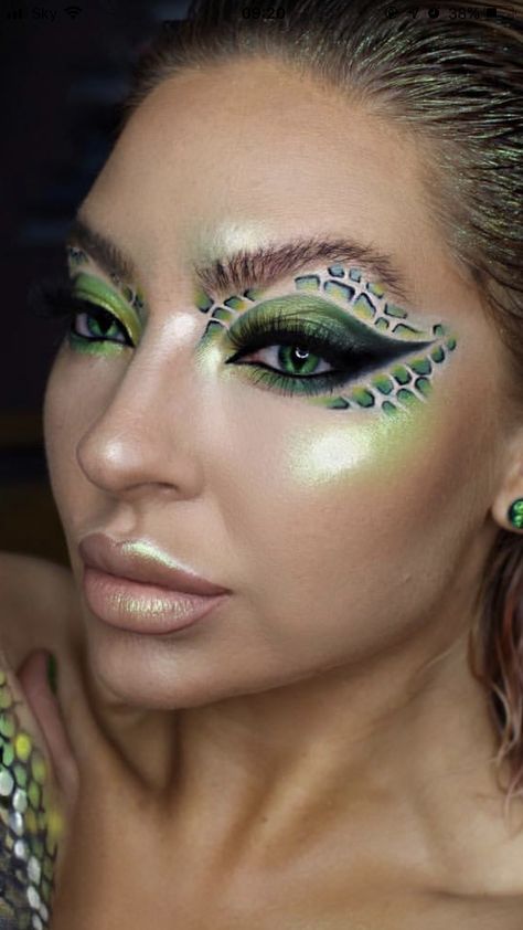 Green Snake Makeup Looks, Crocodile Makeup Halloween, Green Dragon Makeup, Snake Eye Makeup Look, Dinosaur Eye Makeup, Turtle Makeup Ideas, Snake Face Makeup, Sea Turtle Makeup, Jungle Makeup Ideas