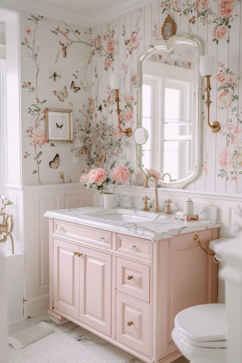 Bathroom Aesthetic Wallpaper, Pink Houses Aesthetic, Wallpaper For Homes, Pink Rose Bathroom, Pink Shabby Chic Bathroom, Pink Tiled Bathroom Ideas, Pink Home Design, Pink Wall Decor Aesthetic, Cute Pink Bathroom Ideas