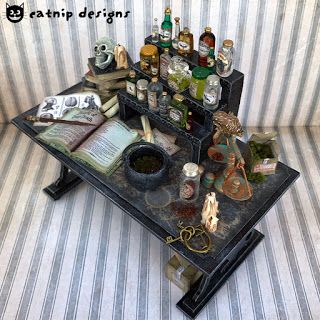 Fortune Teller Table, Potion Table, Witch Cabinet, Drippy Candles, Fantasy Crafts, Spooky Houses, Potion Making, Mini Crafts, Fairies Garden